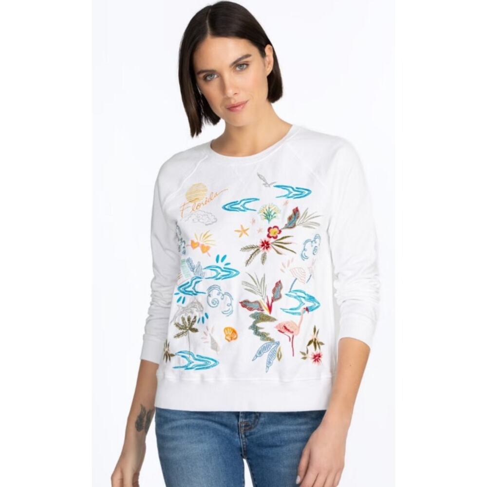 NWT JOHNNY WAS Florida Raglan Sweatshirt Embroidered White Size M